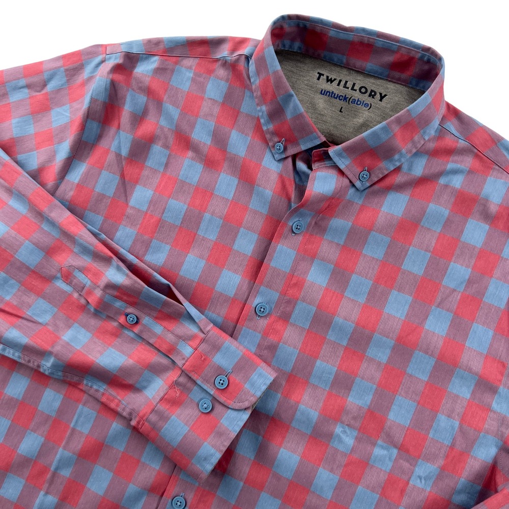 Twillory untuck(able) Mens Large Red Blue Gingham Performance Button Down Shirt